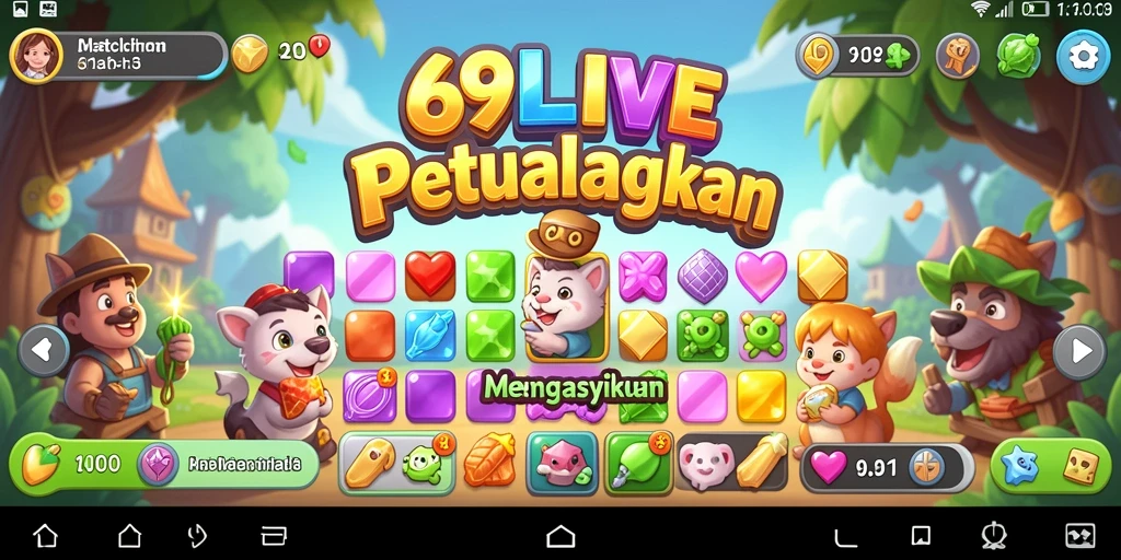 Screenshot gameplay 69LIVE dengan kombinasi permata warna-warni.