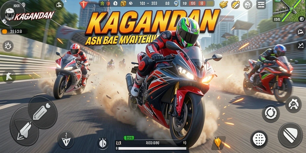 Tampilan gameplay seru dengan balapan motor cepat di KAGANDAN.