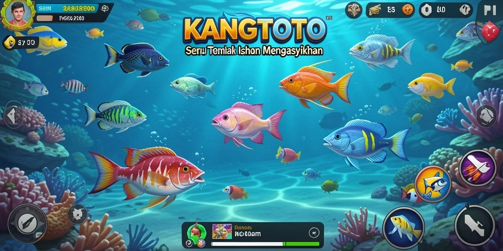 Tampilan gameplay seru KANGTOTO dengan berbagai ikan yang menunggu untuk ditangkap.