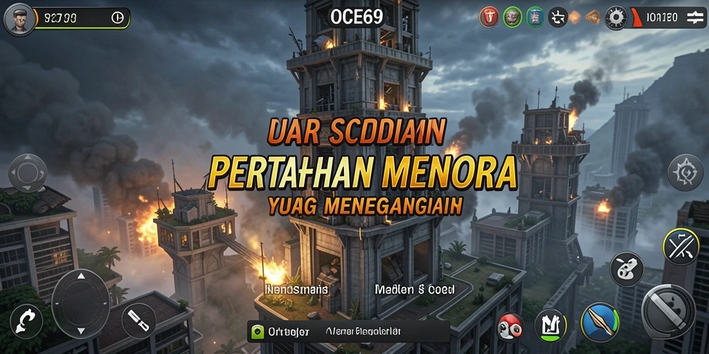 Screenshot utama OCE69 menampilkan tindakan menara dalam gameplay Tower Defense.