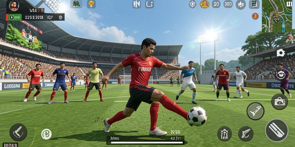 Tampilan gameplay V07 yang mengasyikkan dengan grafik olahraga realistis.